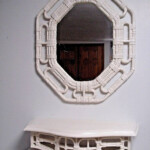 Vtg Wall Hanging Octagon Mirror W Shelf White Bamboo Shabby Homco Home